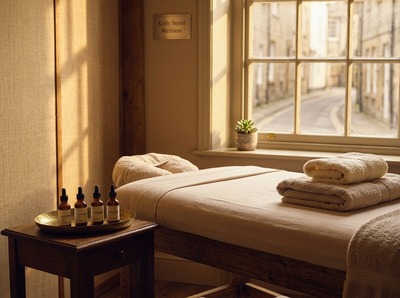 A tidy treatment room on Kelly Street with a heated table, folded towels and a small tray of essential oils beside a window.