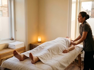 Therapist resting both hands on the client's shoulders at the start of a session, a brief check-in about pressure before the