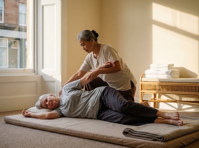 Therapist gently guiding the client's arm into an assisted stretch on a padded mat, both in loose comfortable clothing, the